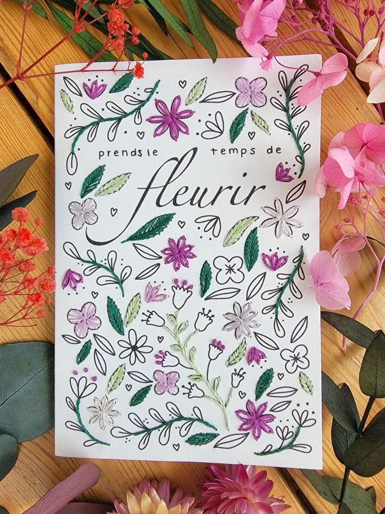 Carte à broder – Prends le temps de fleurir