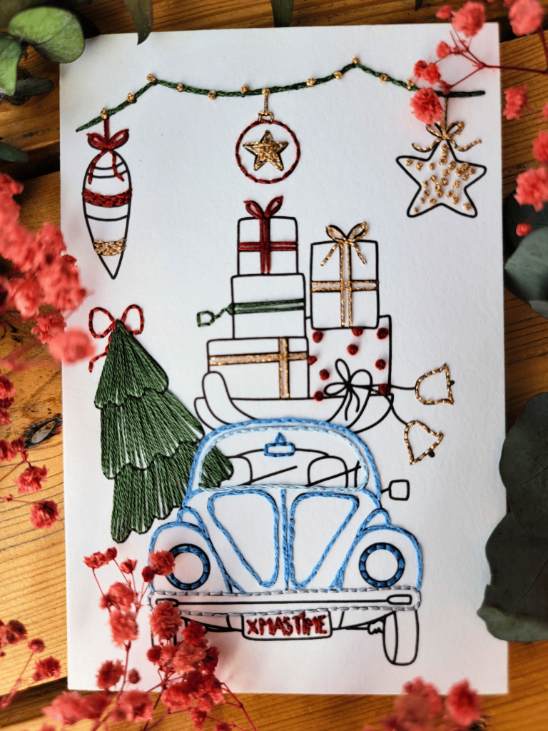 Carte à broder Noël – La tournée des cadeaux